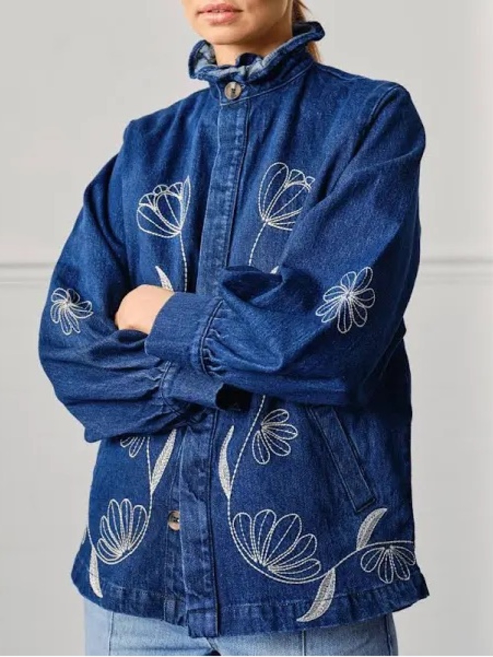 NWT Curve Appeal Flor jacket Embroidered Blue Denim Jacket size medium